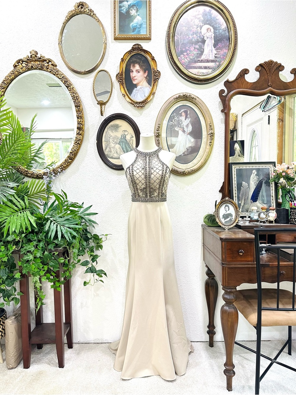 Elegant Beaded Halter Maxi Dress in Cream